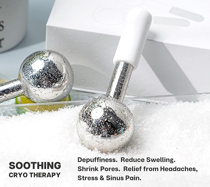 ICE Globes for Facials & Gua Sha Set, Gua Sha Facial Tools and Cryo Sticks with Unbreakable Steel, Face Massager Cooling Rollers for Dark Circles, Puffiness and Lymphatic Drainage (White)