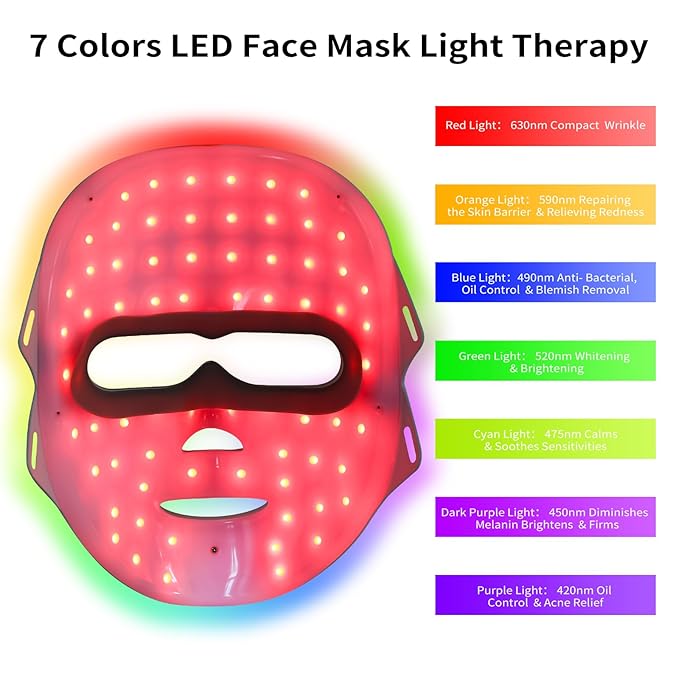 7 Colors L E D Face Mask Light Therapy, Red&Blue Light Therapy for Face,7 Colors Facial Light Therapy Mask, Skin Care Salon at Home, Portable, Rechargeable