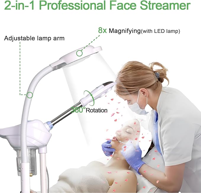 Professional Facial Steamer, 2-in-1 Face Steamer with 8X Magnifying Lamp, Ozone Face Steamer for Facial deep Cleaning Skin Firming Pores and Moisturizing Suitable for Salon, Beauty, Spa,Home (Large)