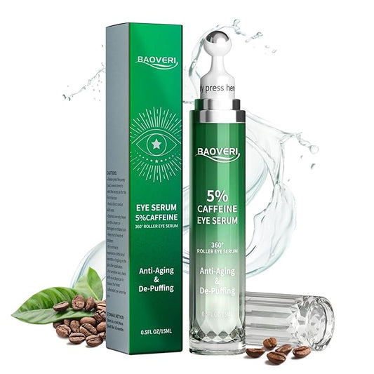 BAOVERI 5% Caffeine Eye Serum. Caffeine Eye Cream with 360° Massage Ball Reduce Wrinkles and Fine Lines, Bags under eyes