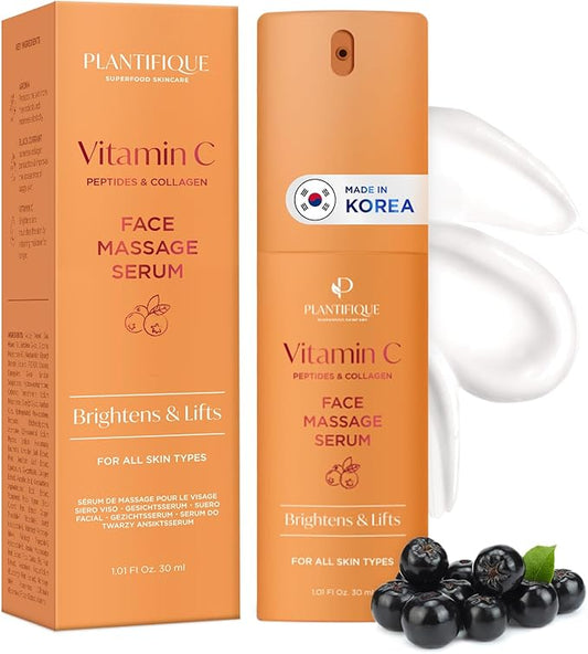 PLANTIFIQUE Korean Vitamin C Face Massage Serum – Hydrating Anti-Aging Collagen & Peptides Formula – Perfect for Gua Sha Facial Massage & Even Skin Tone Glow