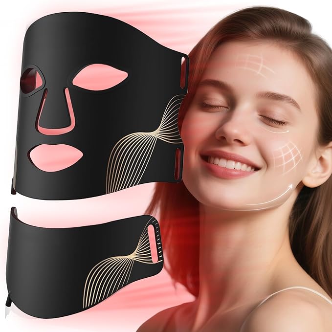Red Light Mask for Face and Neck - Facial Skin Care Device, Portable, Lightweight, Rechargeable and Ergonomic Design for Home (Black)