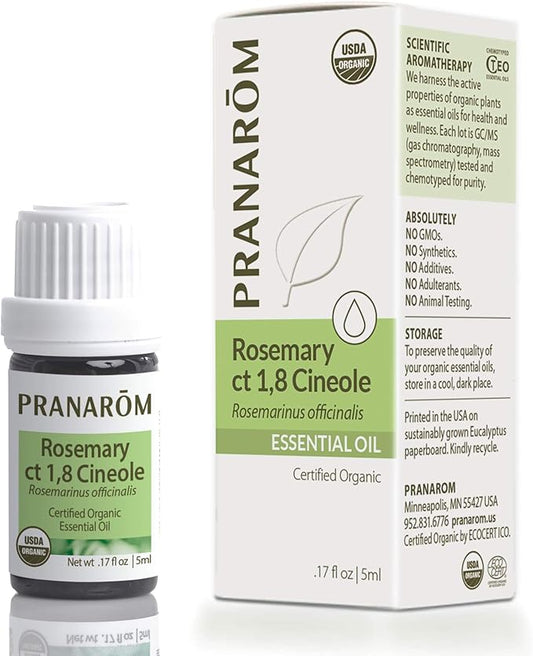 Pranarom USDA Certified Organic Rosemary Cineole Essential Oil (5ml), 100% Pure Undiluted Therapeutic Grade from Tunisia for Aromatherapy, Diffuser, Meditation, Massage, Relaxation