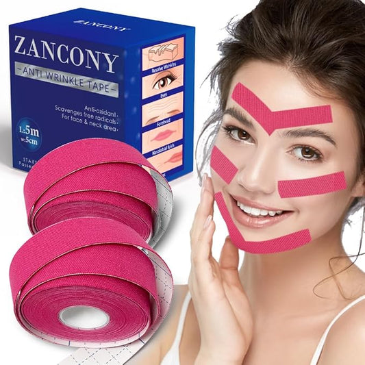 Face Tape for Wrinkles Facial Myofascial Lift Patches for All Parts of the Face and Neck, Forehead 11 Lines Nasolabial Folds Crow's Feet Necklines etc, 2.5 CM* 2 Rolls - Pink