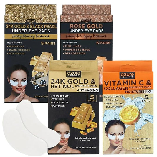 AZURE Anti-Aging Under Eye Mask Variety Pack - 24K Gold & Retinol, 24K Gold & Black Pearl, Rose Gold Luxury, Classic Anti-Aging - Reduces Fine Lines, Wrinkles, Dark Circles & Puffiness - Made in Korea