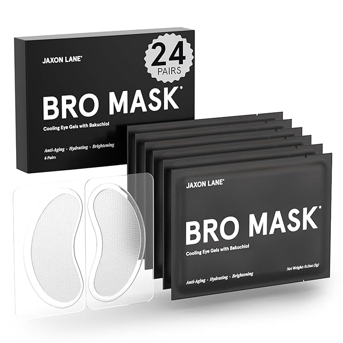 BRO MASK Under Eye Gel Pads: Cooling Eye Patches for Dark Circles and Puffiness | Anti Aging Hydrogel Eye Patch Set + Bakuchiol, Green Tea, Hyaluronic Acid, Caffeine, Niacinamide/Vit B3 (4 X 6 Pairs)