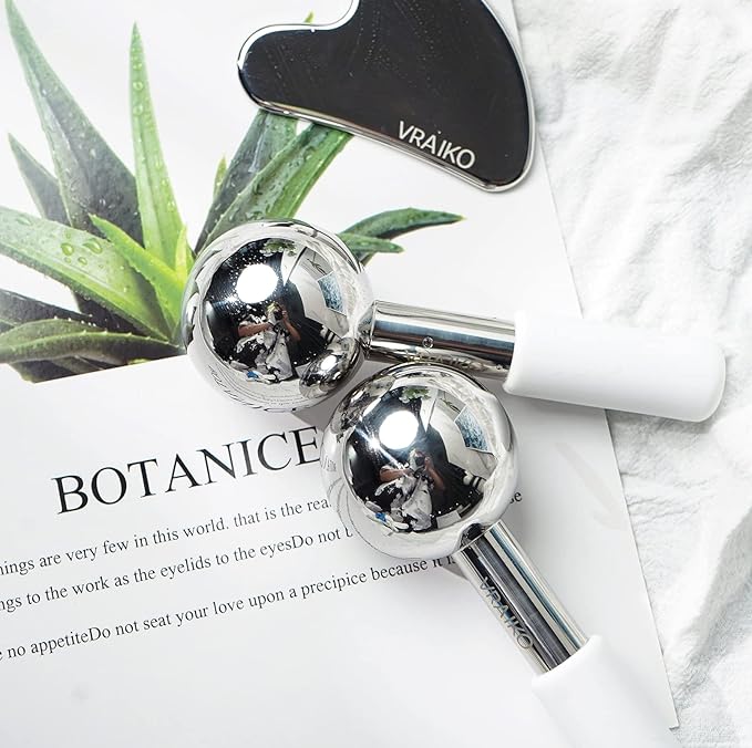 ICE Globes for Facials & Gua Sha Set, Gua Sha Facial Tools and Cryo Sticks with Unbreakable Steel, Face Massager Cooling Rollers for Dark Circles, Puffiness and Lymphatic Drainage (White)