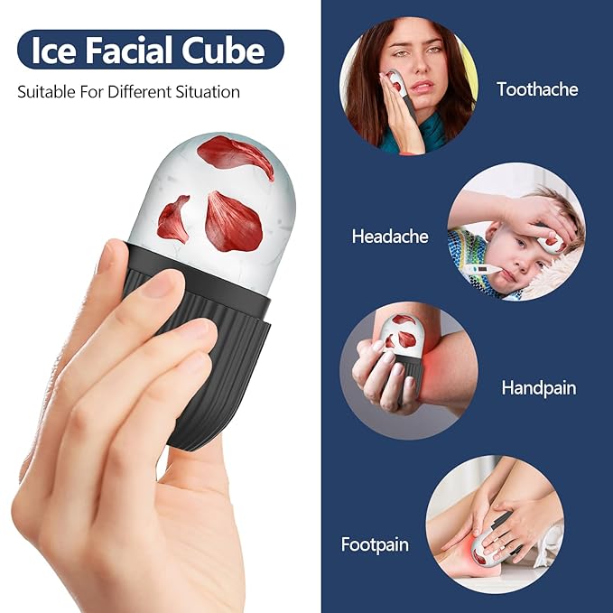 Ice Roller for Face and Eye, Silicone Ice Facial Roller Ice Holder, Face Ice Mold Skin Care, Face Icers Reusable Ice Cube Roller for Shrink Pores Anti Wrinkle Reduce Puffiness, Black