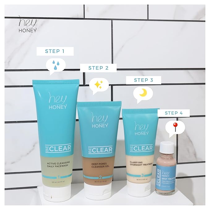 Hey Honey Skincare Be Clear Acne Routine | Clarifying Overnight Treatment | Propolis & Herbal Cream for Blemishes & Acne-Prone Skin | Immidiate Soothing Relief | 1.9 Oz