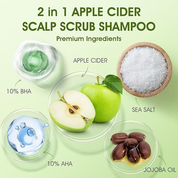 Apple Cider Scalp Scrub, 2-in-1 AHA & BHA Scalp Exfoliator Shampoo, Detox Treatment with Sea Salt, Clarify and Remove Build Up with Silicone Scalp Massager, 10.6oz/300g