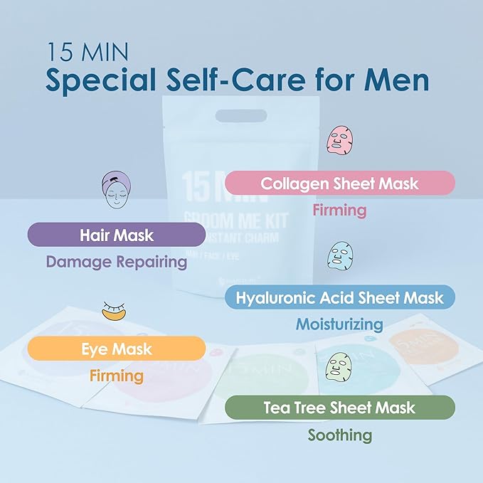 15 Min Pamper Me and Groom Me Kit (12pc): Home Spa Gift set with Korean Face Mask Essentials for Men and Women
