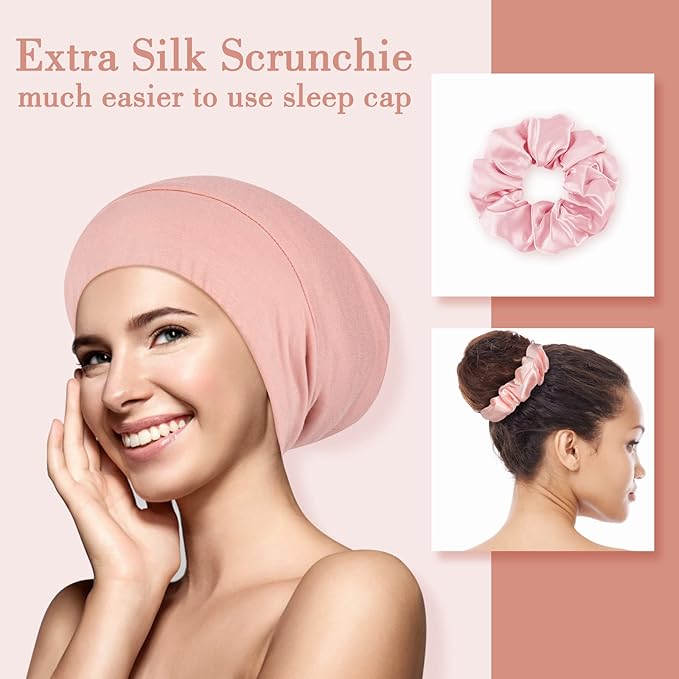 Lulusilk Silk Sleep Mask and Cap Set - Pink Silk Eye Mask and Bonnet Scrunchie Set