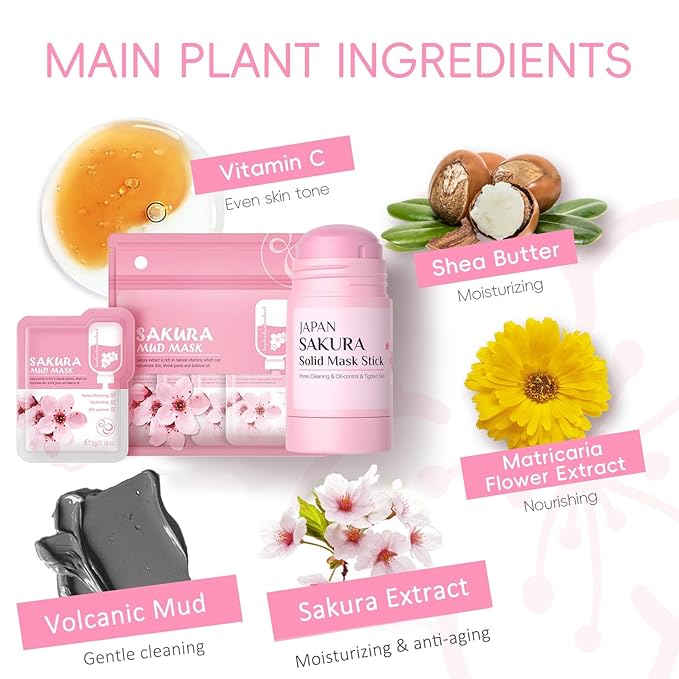 Sakura Face Mask Stick, Deep Cleanse Mask For Acne & Oily Skin, Dead Sea Mud Mask Stick For Face Deep Pore Cleansing Exfoliating, Travel Clay Mask For Pores, Oil Control Facial Masks For Women