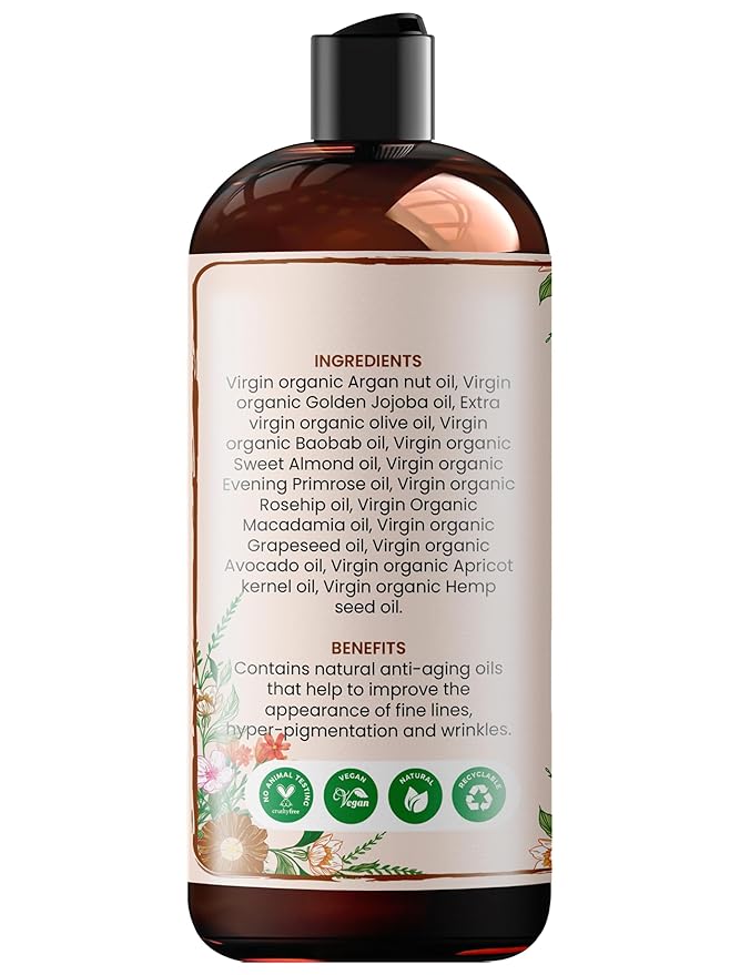 Organic Face and Body Oil Unique blend of 12 virgin organic carrier oils | Use as is or for making lotions, body butters, serums, soaps-12 oz (12)