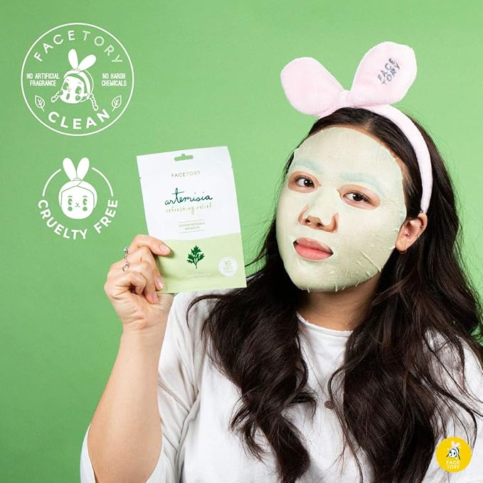 FACETORY K Beauty Face Mask Skin Care - ARTEMISIA REFRESHING RELIEF Sheet Mask with Artemesia Plant Extract | Soothes Redness & Breakouts (10 Pack)
