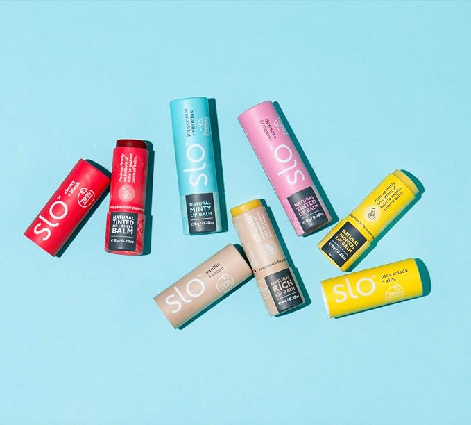 Slo | Natural Lip Balm - All Natural Ingredients, Vegan & Cruelty Free, Hydrating & Soothing, Plastic Free, Paper Packaging | Pina Colada + Zinc, (0.28oz/8g)