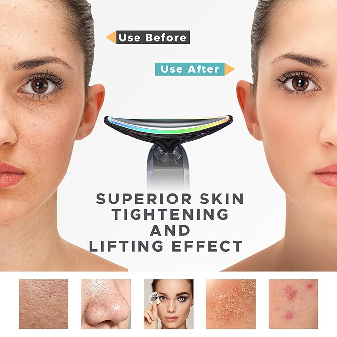 Facial Neck Massager Portable Charging Dock - 3 Heat Settings, Vibrating Face Massage, 9-Color LED Light & 72Hrs Battery | Home Spa Travel Skincare - Black