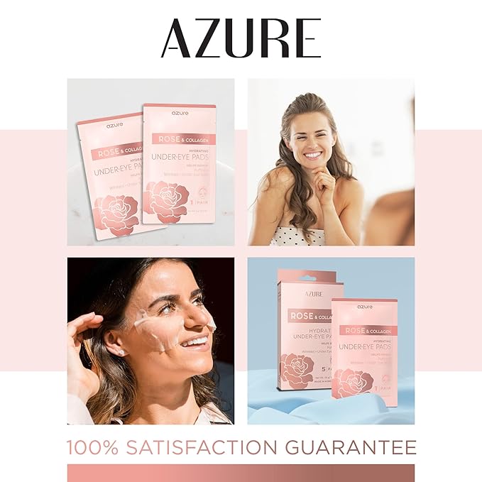 AZURE Rose & Collagen Hydrating Under Eye Pads - Anti Aging, Revitalizing & Moisturizing Eye Mask Patches - Reduces Fine Lines, Wrinkles, Dark Circles & Puffiness - Skin Care Made in Korea - 10 Pairs