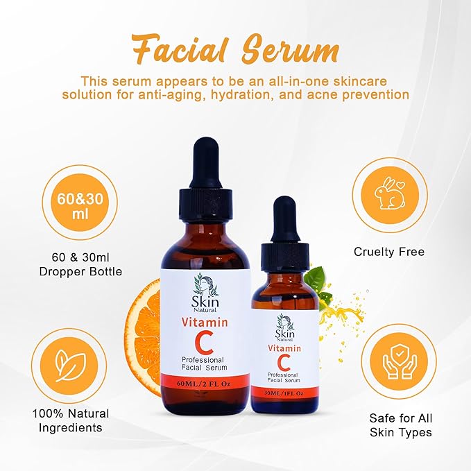 Skin Natural's Vitamin C Facial Serum - Anti-Aging, Brightening & Hydrating - Hyaluronic Acid, Retinol & Vit E - Fades Dark Spots - for All Skin Types, 1 fl Oz (1 Fl Oz)