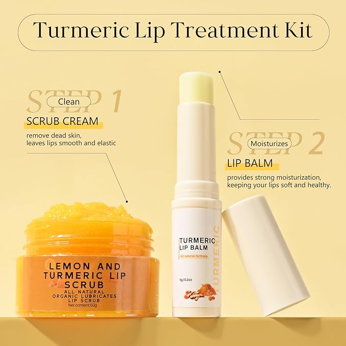 Turmeric Lip Treatment Kit for Dark Lips, Sugar Lip Scrub&Lip Balm for Smokers, Lip Exfoliator Scrub for Hydration Chapped and Cracked Peel Lips