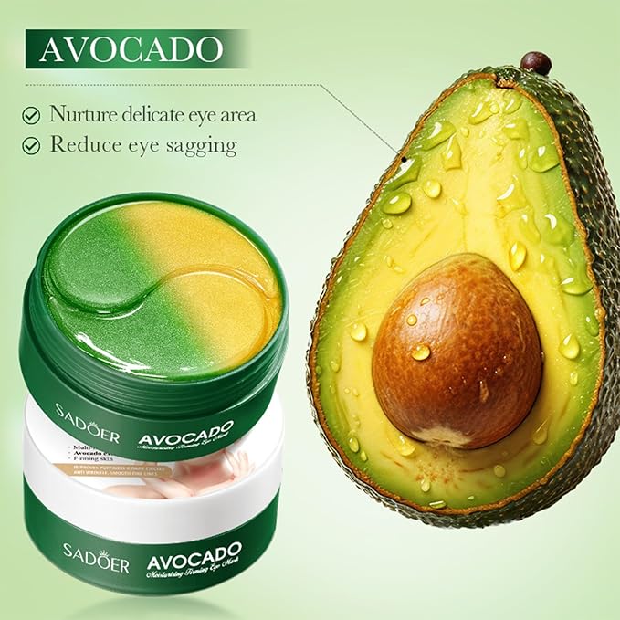Avocado Under Eye Patches - 60 Pcs Eye Mask Anti-Aging Collagen Hyaluronic Acid Moisturizing Under Eye Mask for Removing Dark Circles