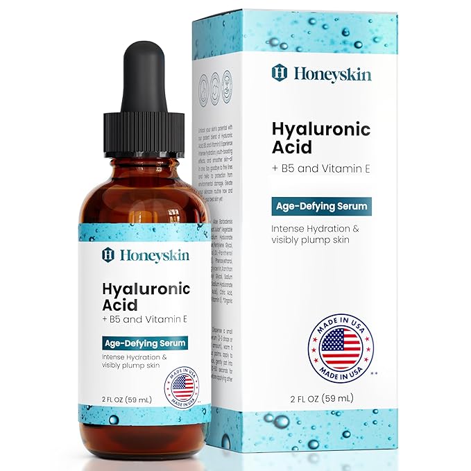 Honeyskin - Hyaluronic Acid Serum for Face with Vitamin E Oil for Skin - Anti-Aging and Hydrating Face, Hydration Moisturizer with B5 - Non-Greasy, Paraben Free, Wrinkle Reducing Serum - (2oz)