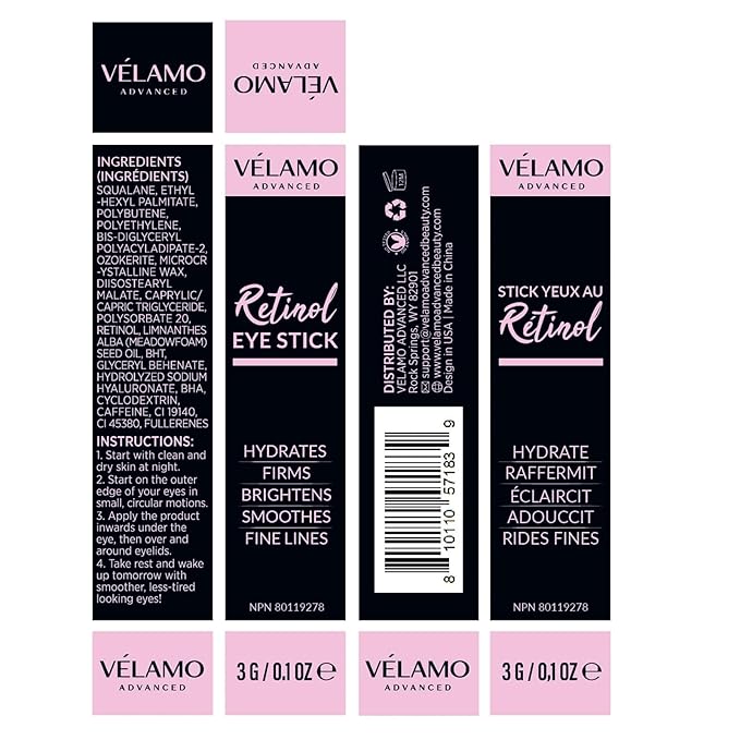 VELAMO ADVANCED Retinol Eye Stick: Retinol Eye Cream for Dark Circles and Puffiness with 1% Bakuchiol and Caffeine - Visibly Reduces Fine Lines Wrinkles Under Eye Bags with Upgraded Formula 0.1 OZ/3g