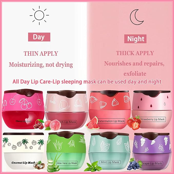 8 PCS Bee Lip Balm Honey Pot, Coconut Cherry Mint Strawberry Watermelon Grape Peach Aloe Vera Bee Lip Balm Honey Pot Sleeping Lip Mask Overnight with Stick Prevention Dry and Crack Lip Scrubs