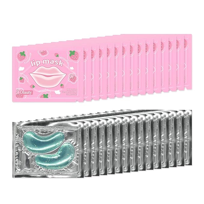 Sulily 30 Pairs Strawberry Lip Masks&Gold Dust Light Green Eye Masks,Crystal Collagen Eye Patches for Puffy Eyes,Moisturizing Cooling Skin Care Lip Eye Patches for Puffiness and Dark Circles