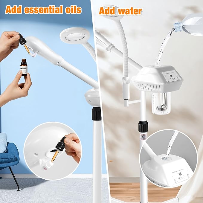 Professional 2 in 1 Facial Steamer for Ozone Humidifier Atomizer Attach 5× Magnifier and Light, Face Steamer Clean Skin Firming Pores and Moisturizing Suitable for a Beauty, Spa, at Home