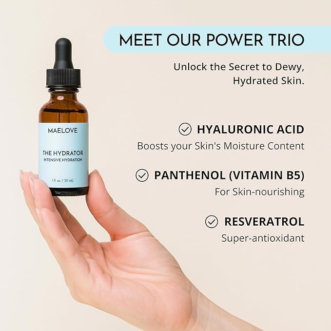 MAELOVE Hydrator Hyaluronic Acid Serum w/Vitamin B5, Lightweight & Non Greasy Formula w/Panthenol & Resveratrol for Ultimate Hydration & Youthful Dewy Glow, Reduces Fine Lines & Wrinkles, USA Made