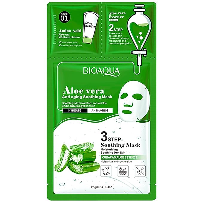 BIOAQUA 3 Step Facial Mask Amino Acid Cleanser Essence Lotion Face Mask 5x(0.8ml+0.8g+25g) (Aloe Vera Anti Aging Soothing Mask)