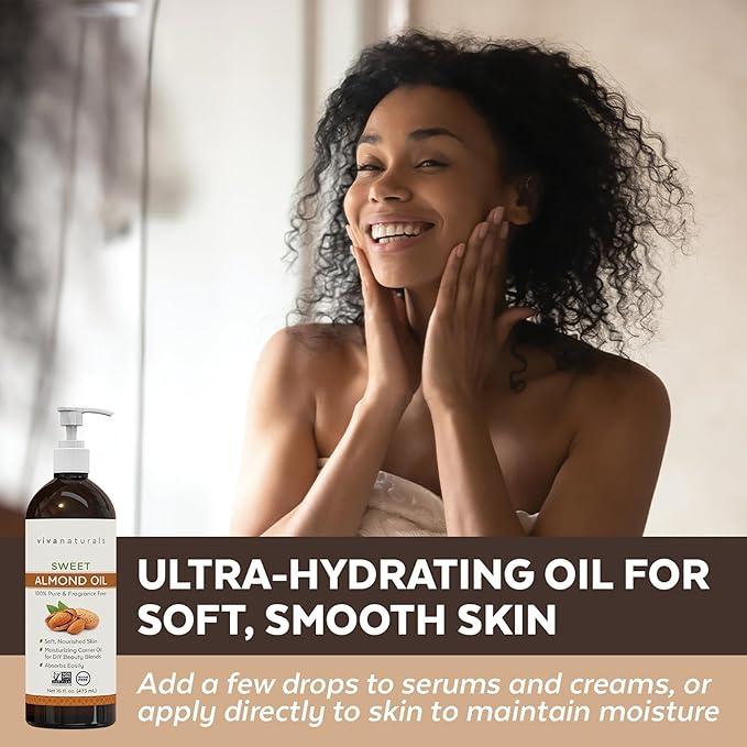 Sweet Almond Oil for Skin - Body Oil, Hair Moisturizer and Relaxing Massage and Oil, Carrier Oil for Essential Oils Mixing, Non-Greasy Pure Sweet Almond Oil for Hair and Skin, 16 fl oz