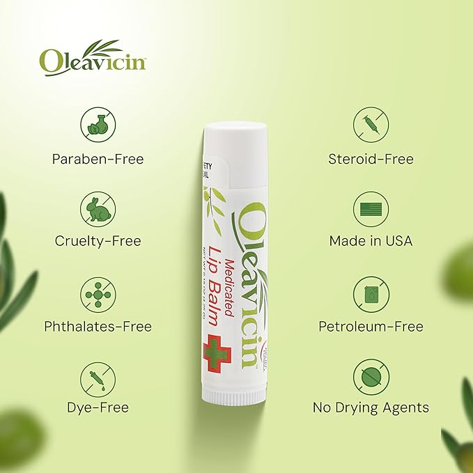 Natural Lip Balm by Oleavicin | Dry Lip Relief | Patented Moisturizing Formula for Chapped Lips | Organic Olive Leaf Extract