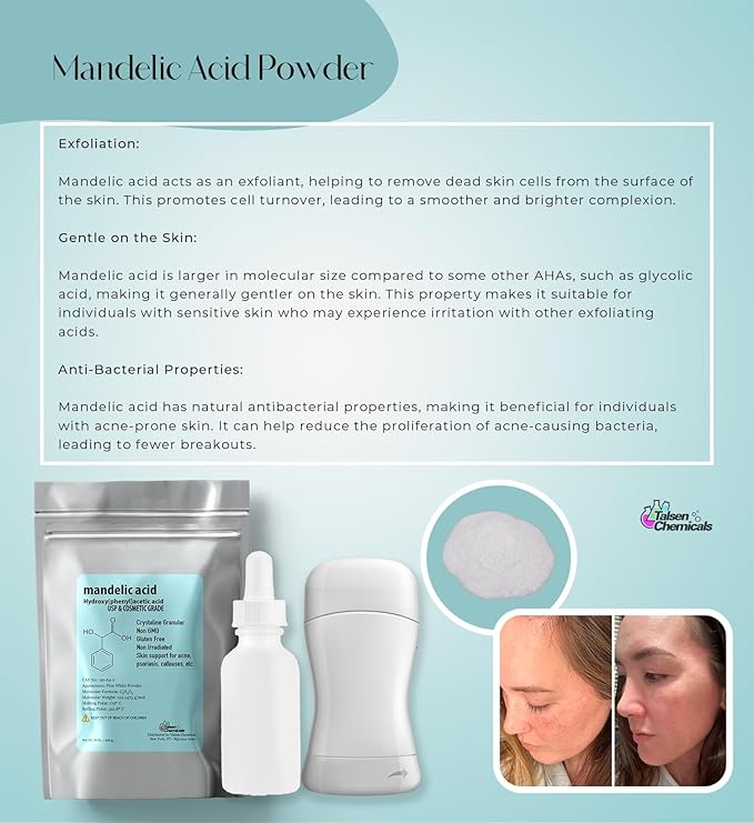 Mandelic Acid Powder 99.9% Purity, DIY Cosmetic Grade For Mandelic Acid Serum, Peel/Mask or add to Cream, Moisturizer (8 Ounce / 226 Gram)