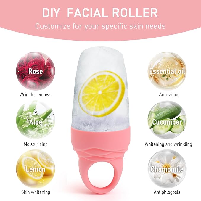 3 Pcs Facial Ice Roller Silicone Mold Reusable for Face Women and Eye Neck Cold Skin Care Tools Freezer De Puff Eyes Bags Reduce Migraine Pain Pink
