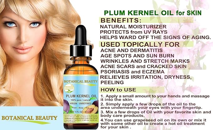 Botanical Beauty French PLUM KERNEL OIL 100% Pure Natural Virgin Unrefined Cold Pressed Carrier Oil 0.33 oz- 10 ml for Face, Skin, Hair, Lips, Nails. Skin SuperFood. Face moisturizer Oil