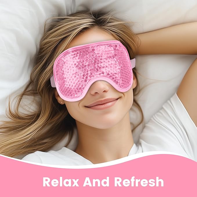NEWGO Cooling Gel Cold Eye Mask for Puffy Eyes, Reusable Ice Pack with Soft Plush Backing for Dark Circles, Migraine, Stress Relief - Pink