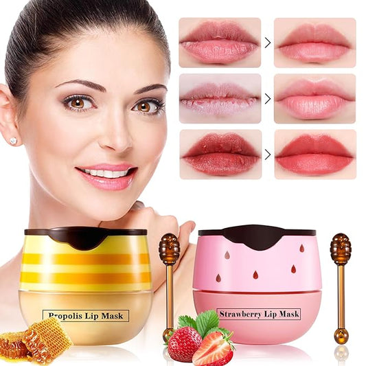 2 PCS Honey Lip Balm Pot, Strawberry & Honey Lip Mask, Reduces Lines, Hydrate & Moisturizing Skin Care, Prevention Dry Cracked Lips Repair Treatment