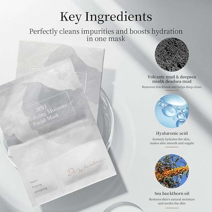 Dazzelslim Face Masks for Women & Men - 12 Facial Masks with Volcanic Mud, Hyaluronic Acid, Sea Buckthorn Oil, EGF & Tranexamic Acid for Cleanses, Hydrates & Brightens, Fragrance-Free, Made in Taiwan