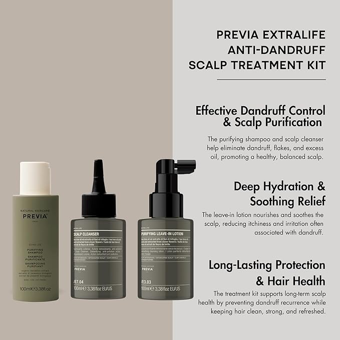 Previa Extralife Anti-Dandruff Scalp Treatment Kit, Purifying Shampoo, Scalp Cleanser and Leave-In Lotion, 3.38 Floz each