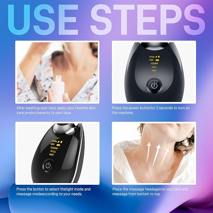 Face Massager with Led Light: 7-Color Facial Device - Neck Wrinkles Tightening Wand - Vibration Tool for Skin Care, Black