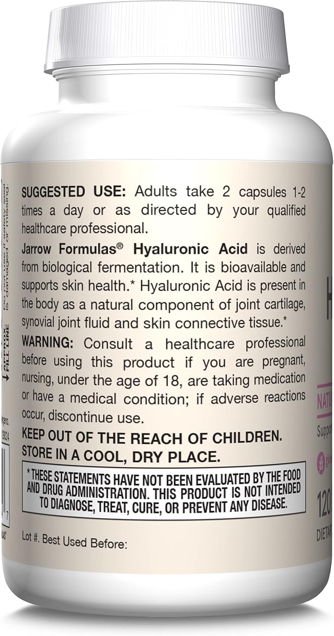 Jarrow Formulas® Hyaluronic Acid 120 mg, Dietary Supplement, Skin Health Support, 120 Veggie Capsules, Up to 60 Day Supply
