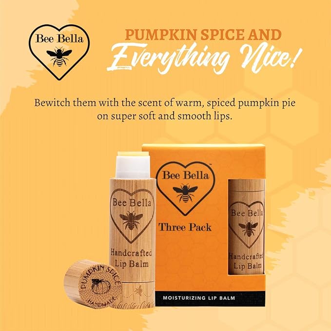 Bee Bella Lip Balm Pumpkin Spice (3 Pack)- With Beeswax, Coconut Oil, Jojoba Oil, Vitamin E Oil, Argan Oil and More for Soft and Smooth Lips - Long-Lasting Moisture - Handmade in the USA