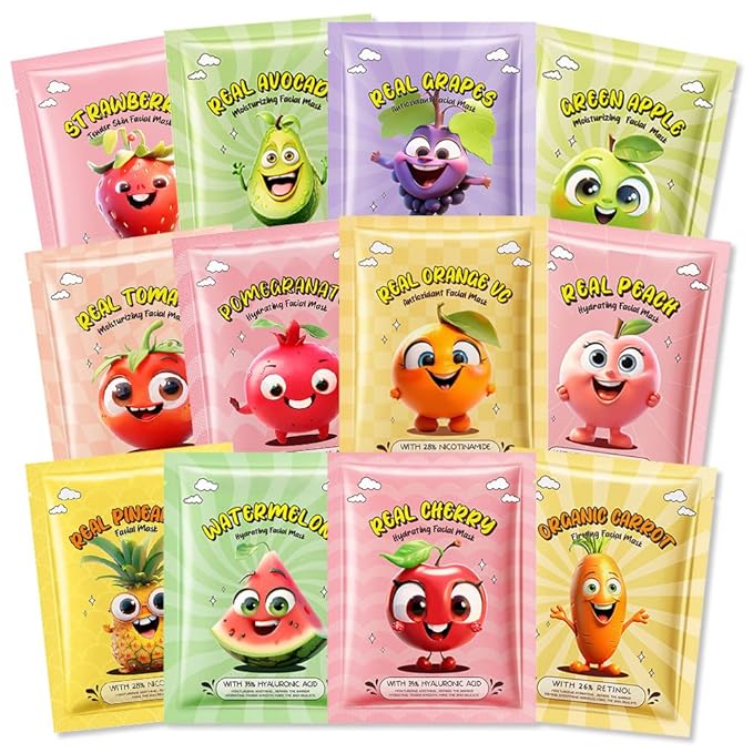 12 Pack Fruit Face Masks for Kids,Hydrating Face Mask For Sensitive Skin,Moisturize,Soothing,Nourish for All Skin Types,Natural Spa Party Facial Mask Skincare Set for Women Men Girls