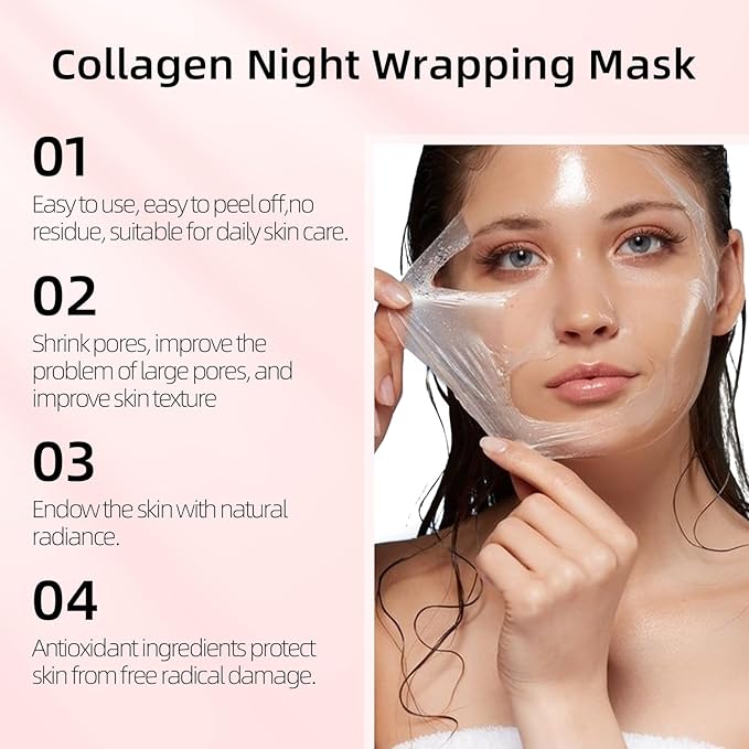 Collagen Night Wrapping Mask,Peel Off Facial Mask Collagen Face Mask,Deep Cleansing, Firming Skin, Reduces Sagging & Dullness, Glowing Skin (with Brush & Gua sha facial tools)