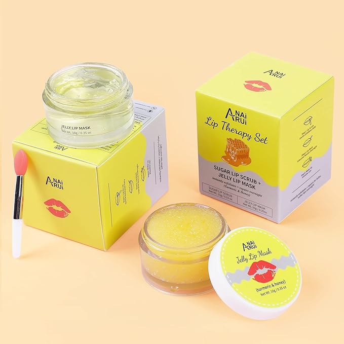 ANAIRUI Lip Therapy Set - Lip Care Kit - Includes Sugar Lip Scrub & Jelly Lip Sleep Mask, Lips Balm & Moisturizer, Dark Lip Care, Moisturizing for Fuller, Softer Lips (Turmeric & Honey)