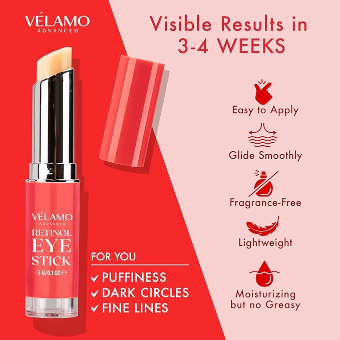 VELAMO ADVANCED Retinol Eye Stick: Retinol Under Eye Cream for Dark Circles and Puffiness with 1% Bakuchiol - Anti Aging Balm Stick Reduces Fine Lines Wrinkles Under Eye Bags in 4-8 Weeks - 2 Packs