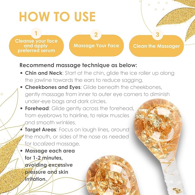 Facial Ice Globes, Cryo Cooling Massage Tool for Face, Eyes & Neck, Reduces Puffiness, Dark Circles, Fine Lines & Wrinkles, Tightens Pores, Refreshing Skincare Gift for Women & Girls, Gold