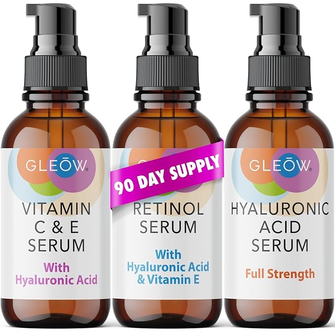 Retinol Serum for Face, Vitamin C with Hyaluronic Acid Face Serum for Women and Men, Glow Skin Care Set Total Package Targets Appearance of Uneven Skin Tone and Dryness 3x2 oz